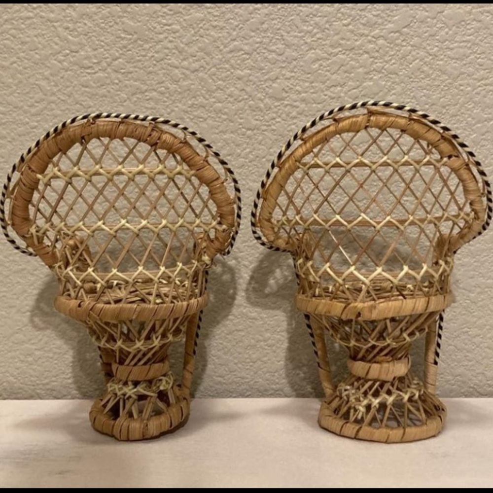 Mini Vintage Boho Wicker Rattan Natural Peacock Fan Doll Plant Chairs Set - Picture 2 of 7